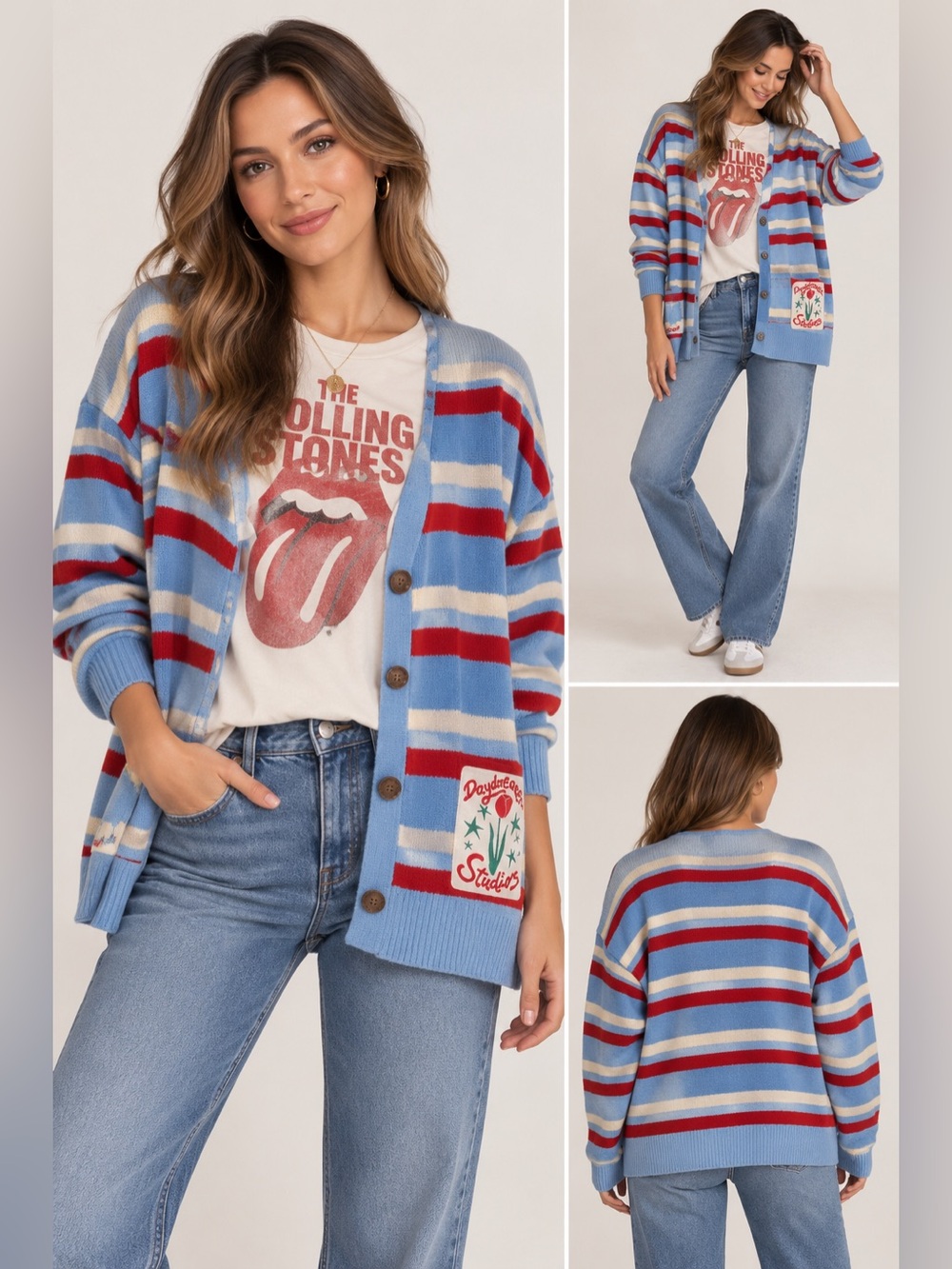 Anthropologie Daydreamer Striped Blue, Red & Cream Cardigan Sweater
